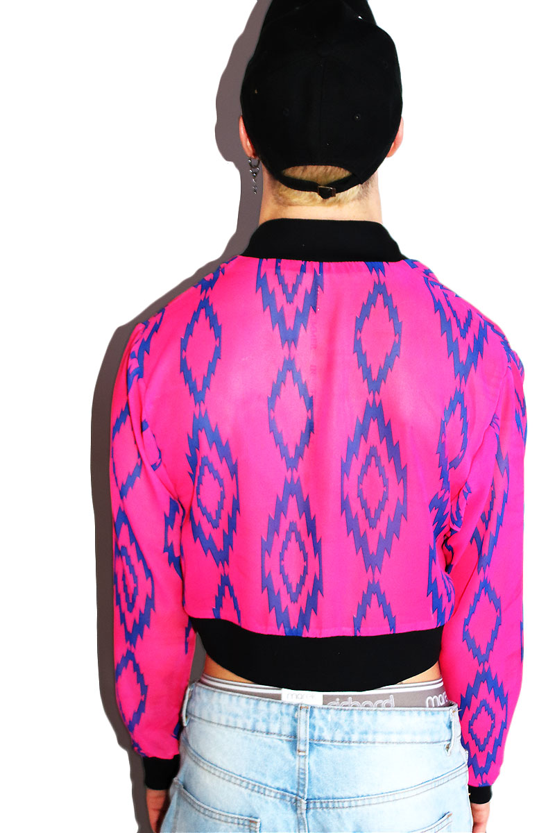 Diamond Back Mesh Crop Bomber Jacket- Fuchsia