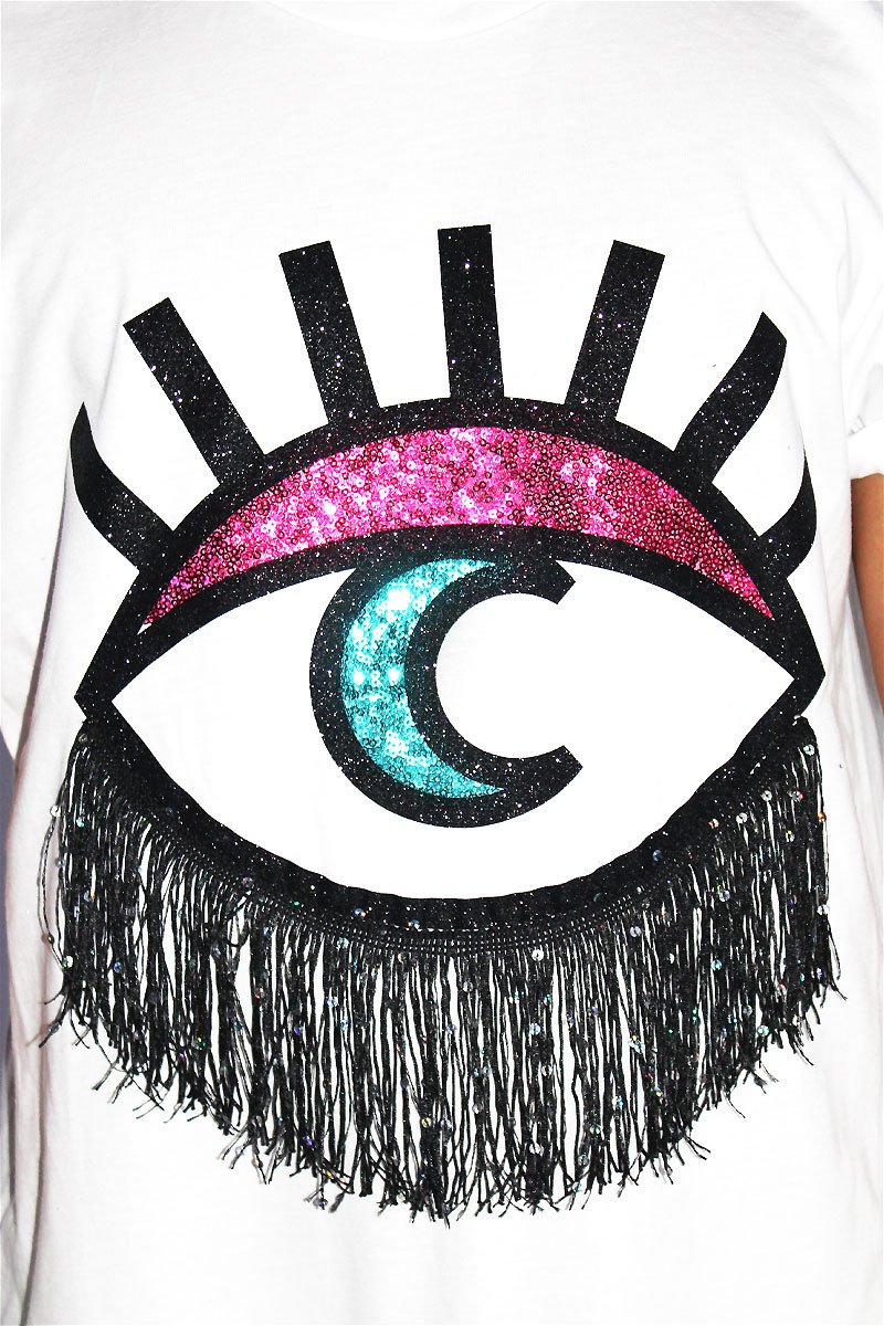 Moon Eye Fringe Oversize Tee-White