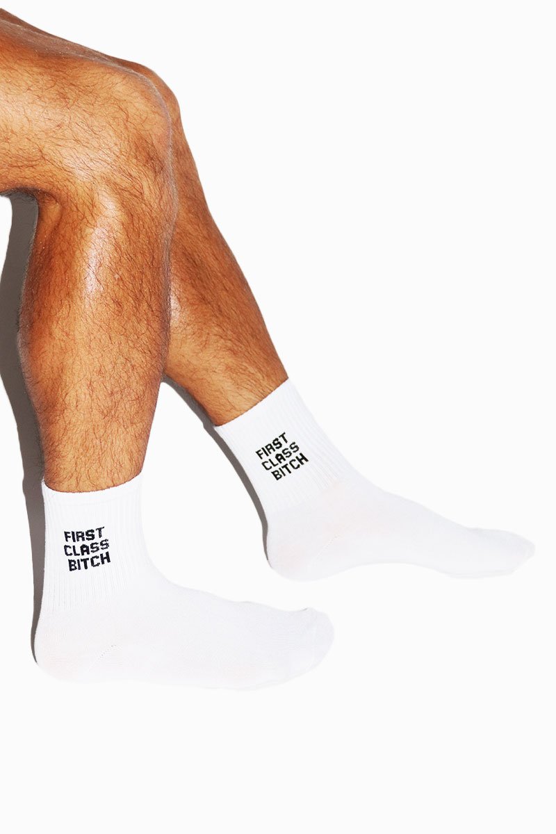 First Class Bitch Quarter Length Socks- White