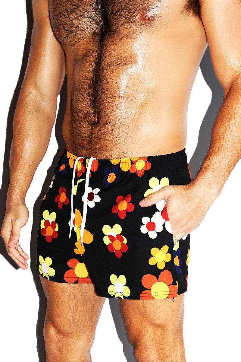 Fall Florals All Over Active Shorts- Black
