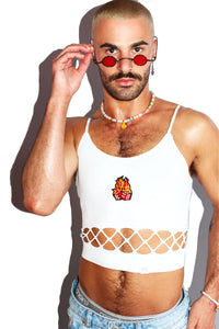 Flaming Dice Strap Cutout Crop Tank- White