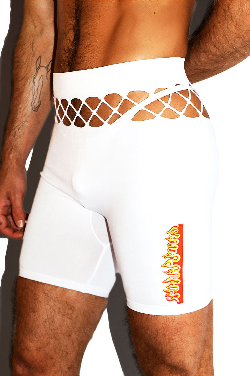 Flames Strap Cutout Biker Shorts- White