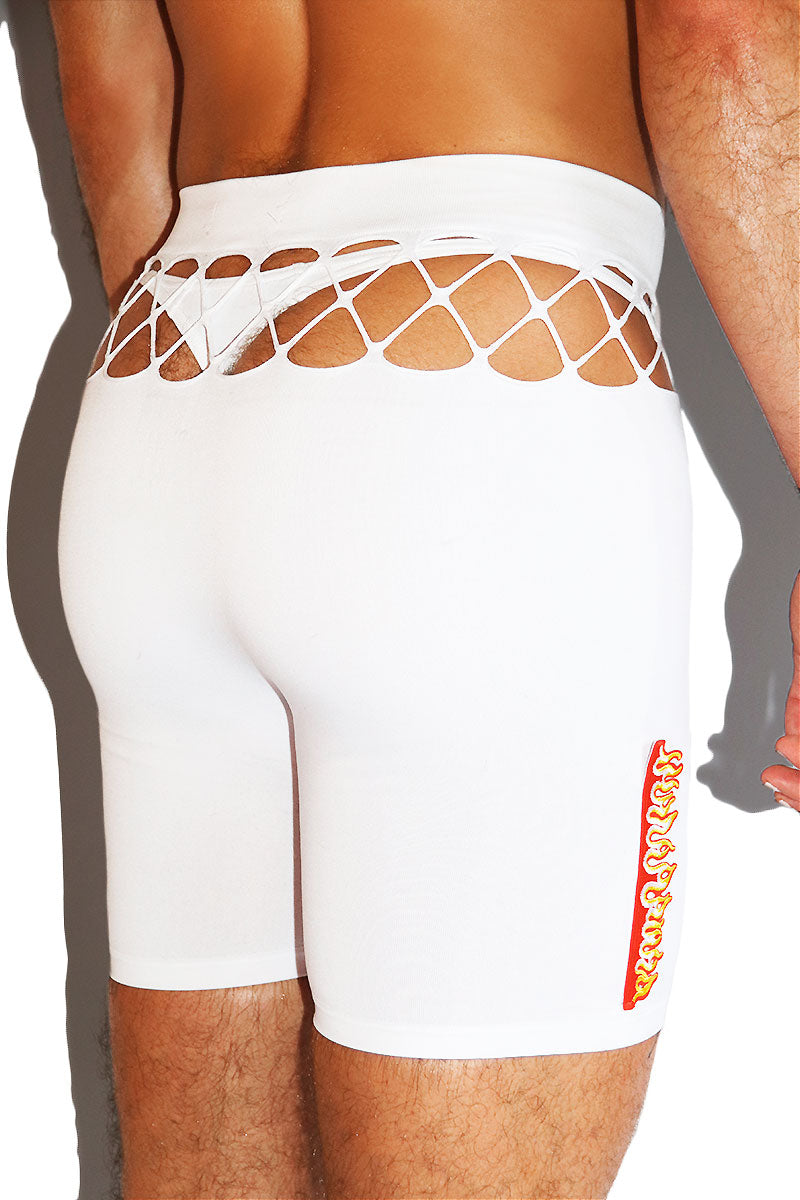 Flames Strap Cutout Biker Shorts- White
