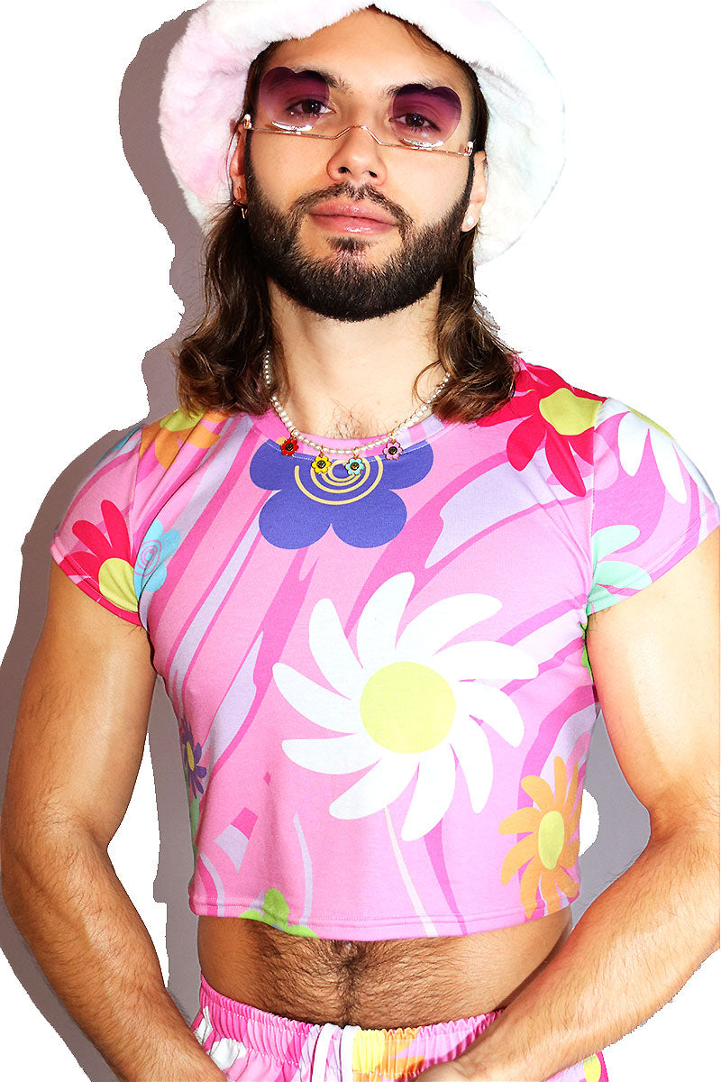 Flower Power All Over Print Fitted Crop Tee- Pink