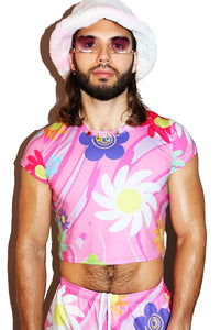 Flower Power All Over Print Fitted Crop Tee- Pink