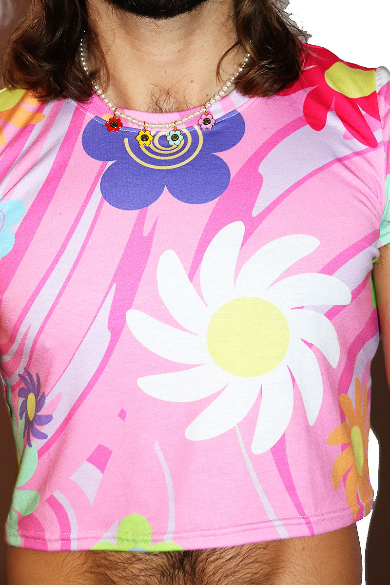 Flower Power All Over Print Fitted Crop Tee- Pink