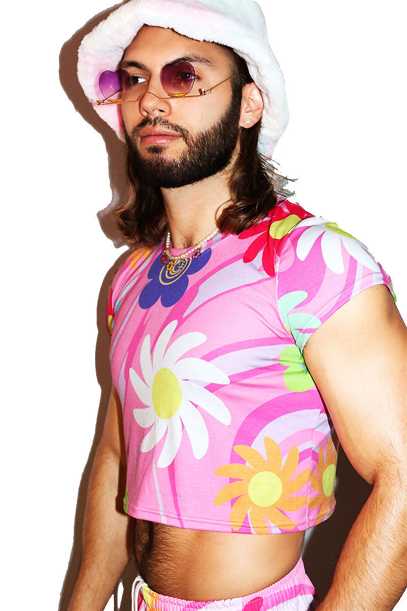 Flower Power All Over Print Fitted Crop Tee- Pink