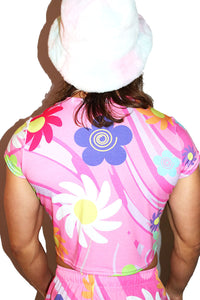 Flower Power All Over Print Fitted Crop Tee- Pink