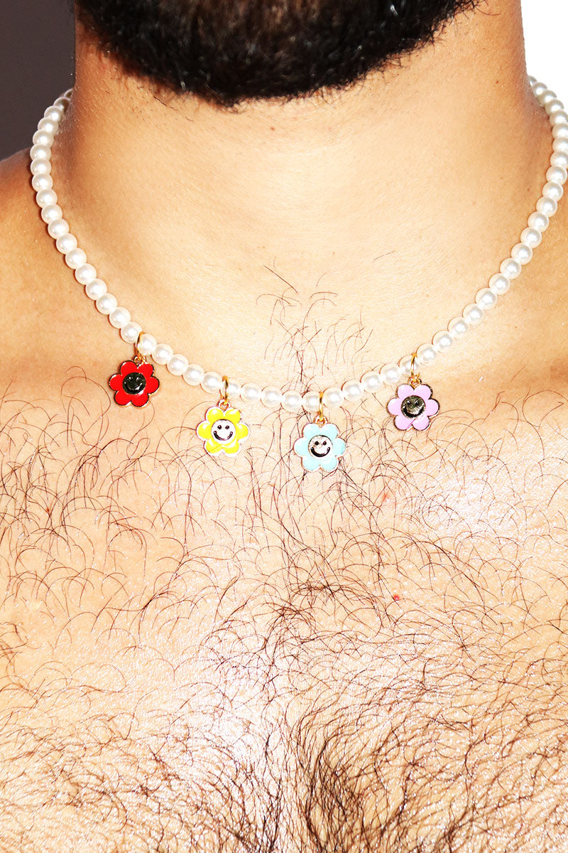 Smiley Face and Flower Choker Necklace White