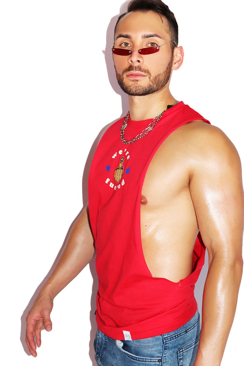 We're Fucked Low Arm Shedder Tank- Red