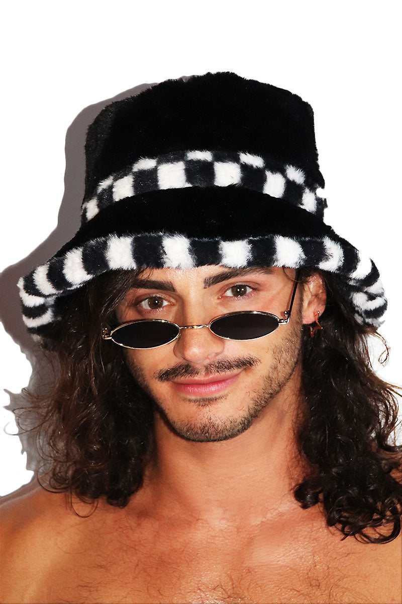 Checkerboard Furry Bucket Hat - Black