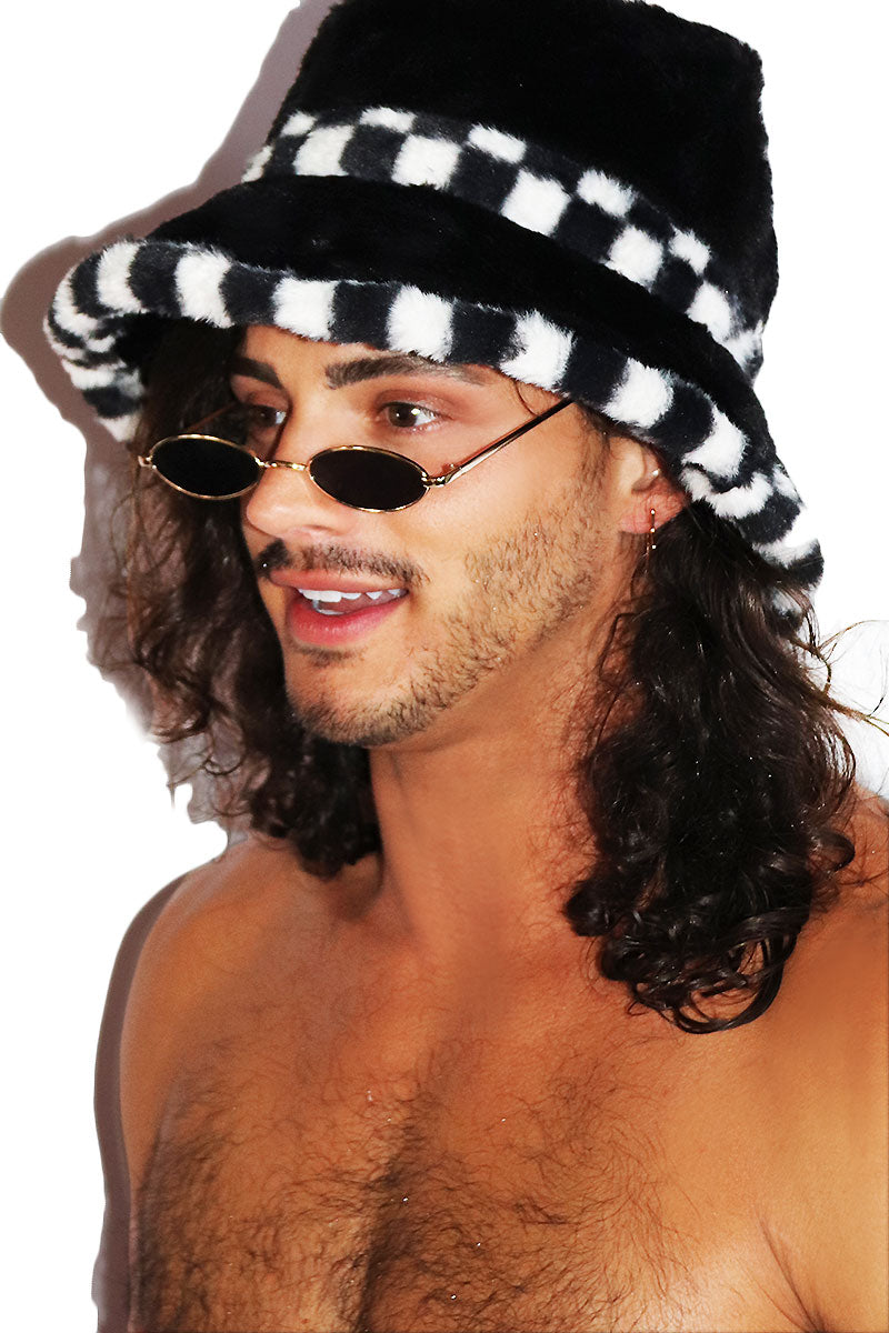 Checkerboard Furry Bucket Hat - Black