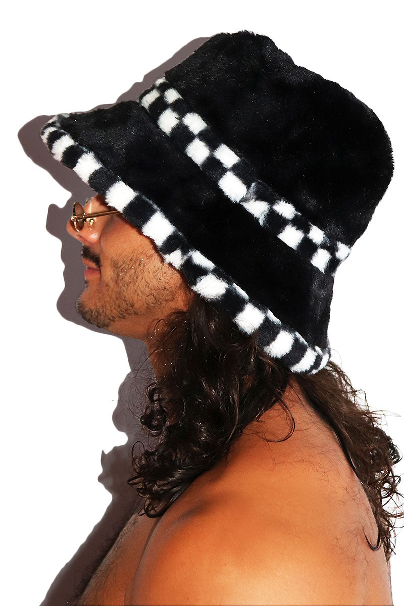 Checkerboard Furry Bucket Hat - Black