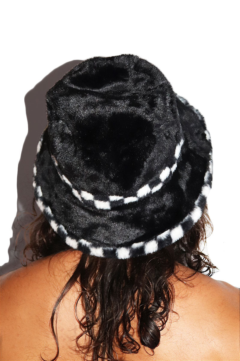 Checkerboard Furry Bucket Hat - Black