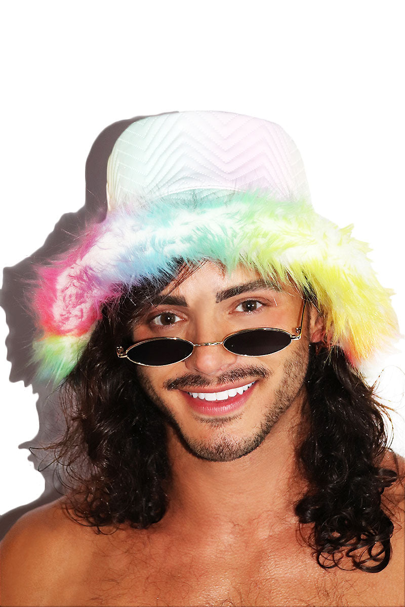 Feather Rainbow Quilted Bucket Hat - White