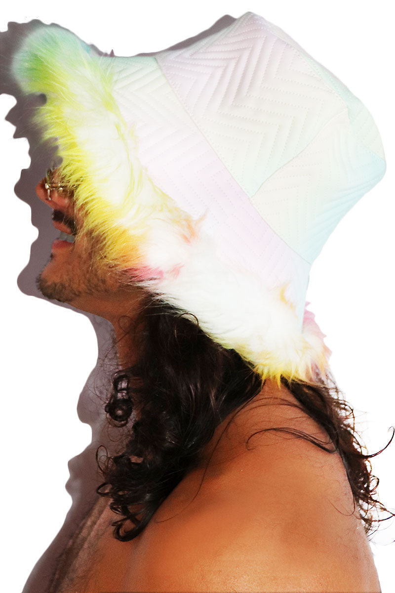 Feather Rainbow Quilted Bucket Hat - White