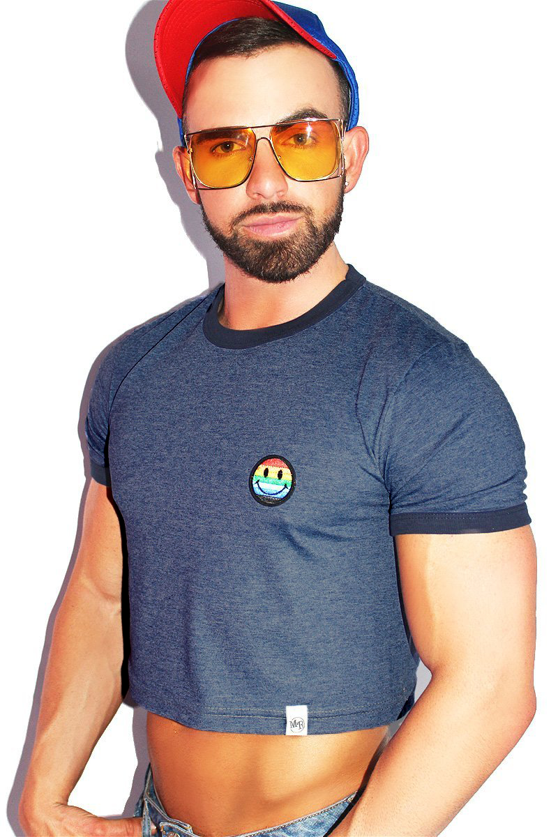 Gay Smile Ringer Crop Tee-Blue Heather