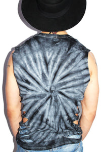 Shredded Oblique Tie Dye Sleeveless Tee-Black