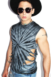 Shredded Oblique Tie Dye Sleeveless Tee-Black