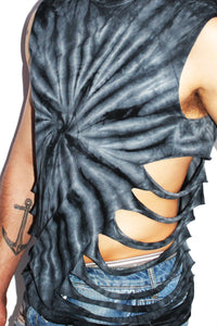 Shredded Oblique Tie Dye Sleeveless Tee-Black