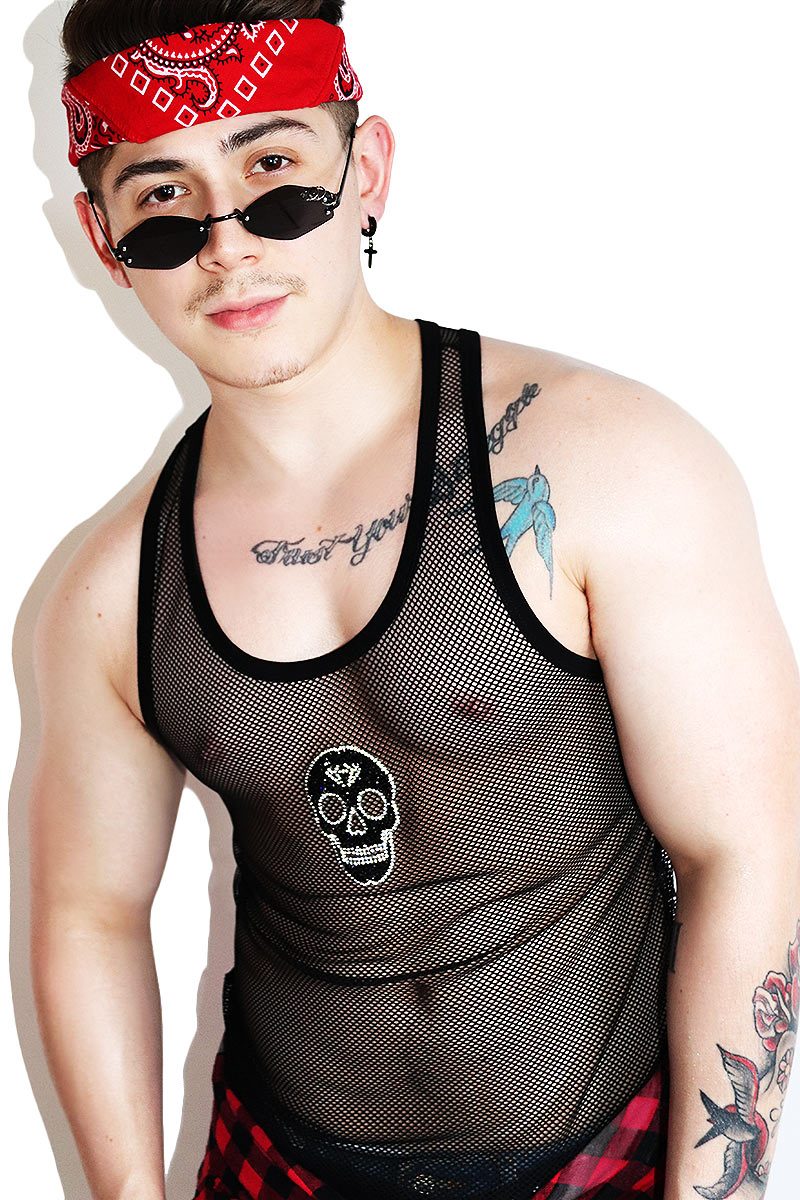 Glitter Skull Mesh Racerback Tank-Black
