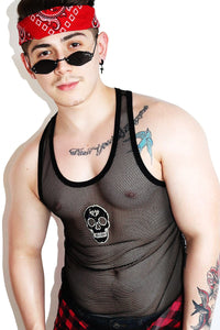 Glitter Skull Mesh Racerback Tank-Black