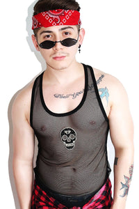 Glitter Skull Mesh Racerback Tank-Black