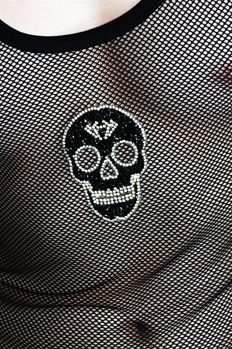 Glitter Skull Mesh Racerback Tank-Black