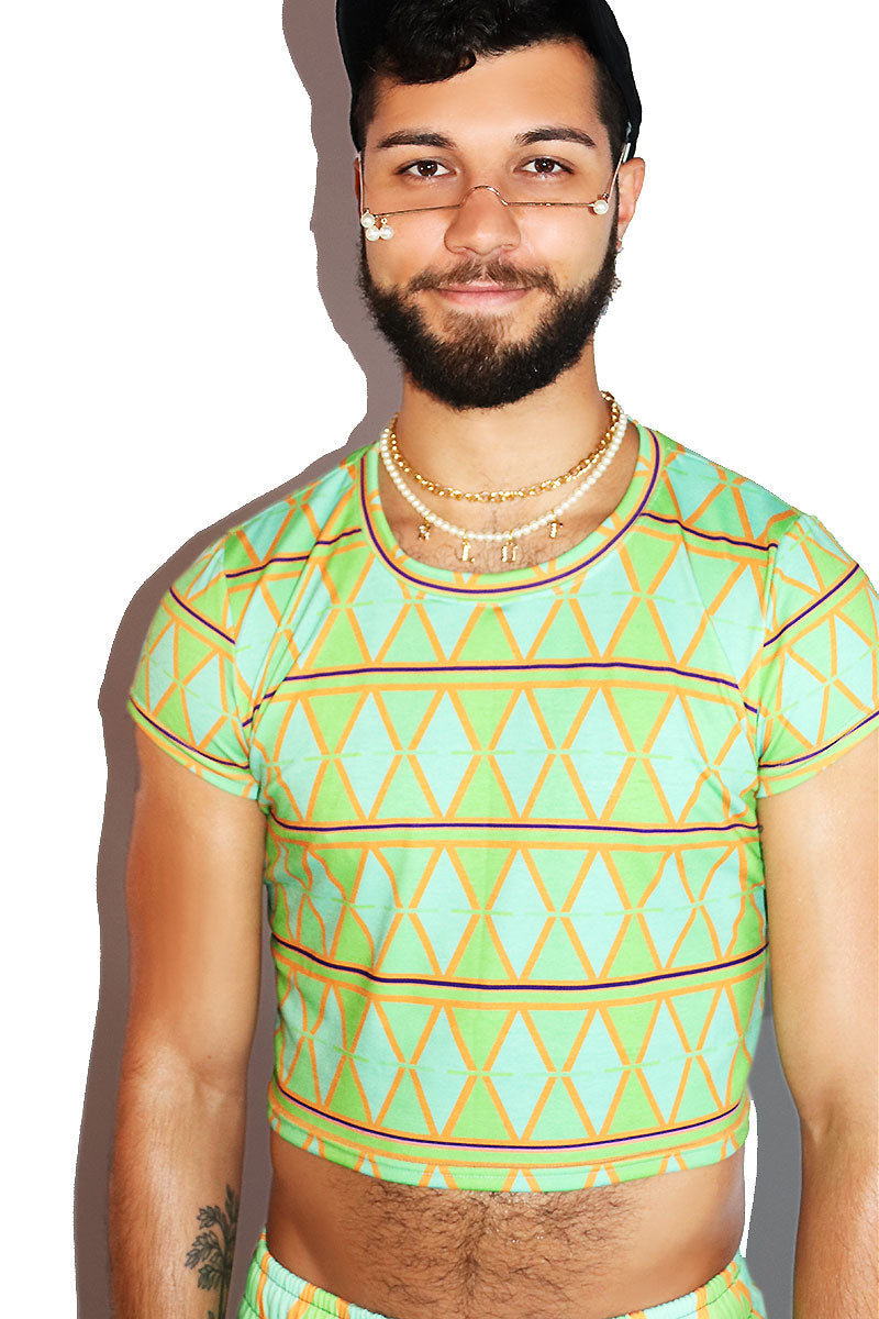 Mosaic All Over Print Fitted Crop Tee- Green
