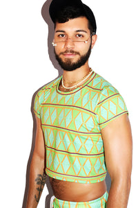 Mosaic All Over Print Fitted Crop Tee- Green