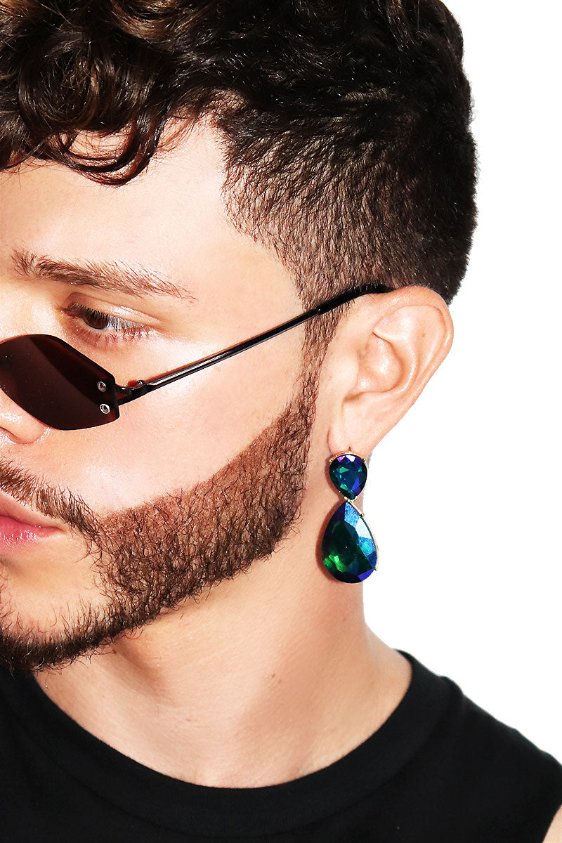 Scarab Tear Drop Gem Single Earring-Green