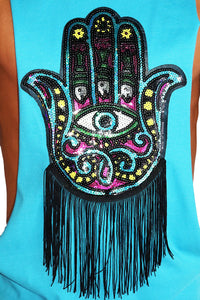 Hamsa Fringe Low Arm Tank-Blue