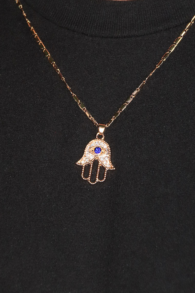 Hamsa Rhinestone Necklace - Gold
