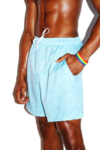 Pronouns He / Him All Over Gym Shorts- Blue