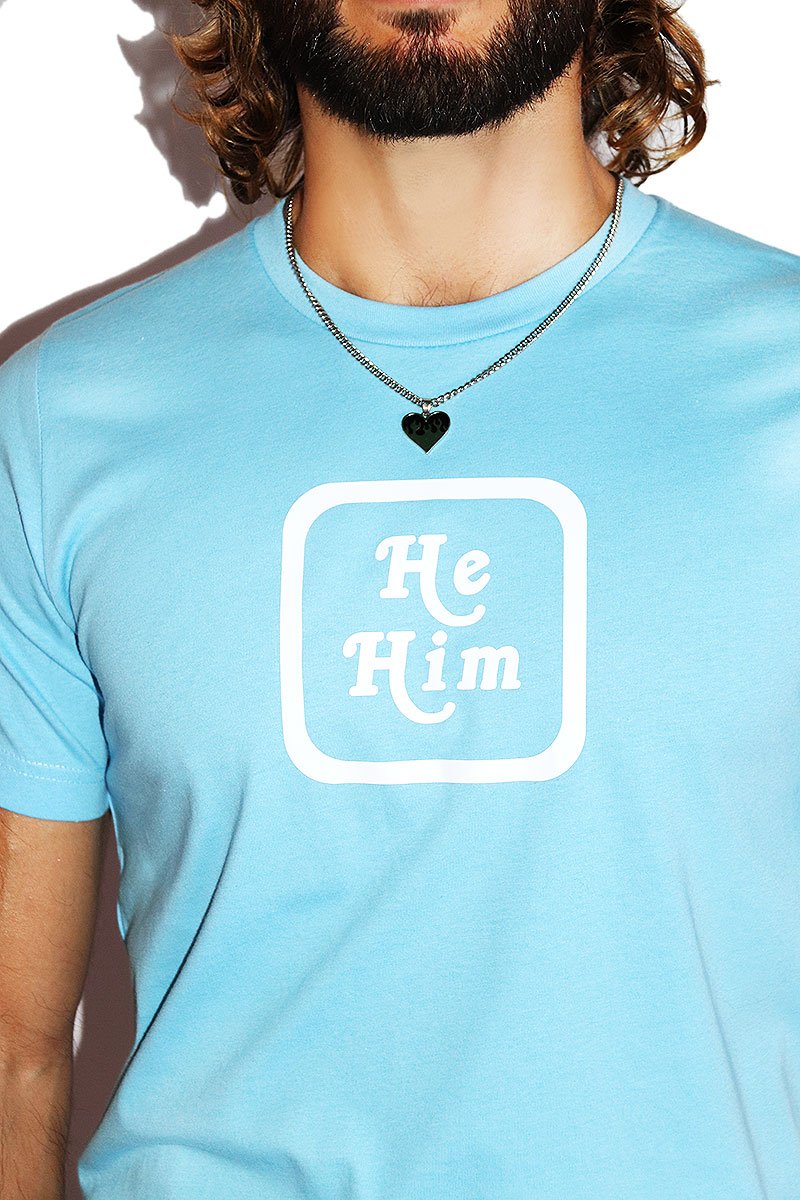 He / Him Pronouns Tee- Sky Blue
