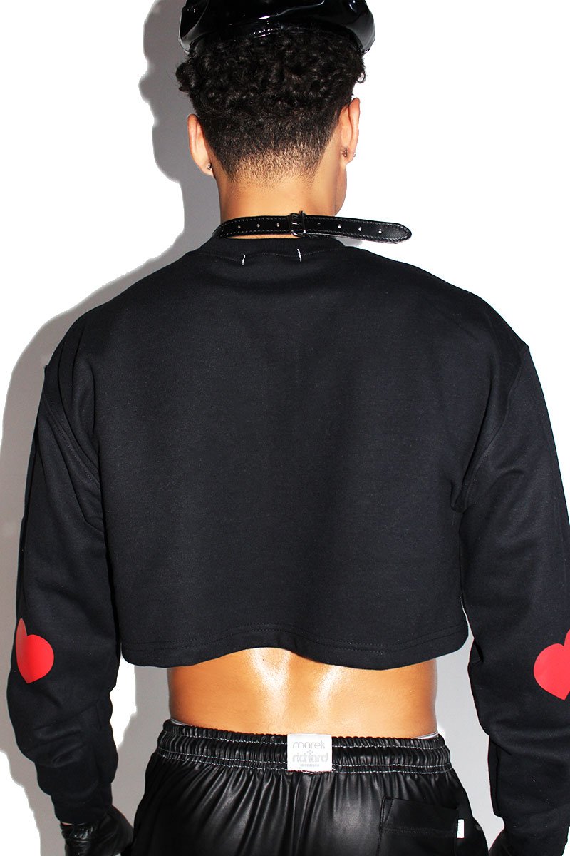 Heart Cutout Crop Long Sleeve Sweatshirt-Black