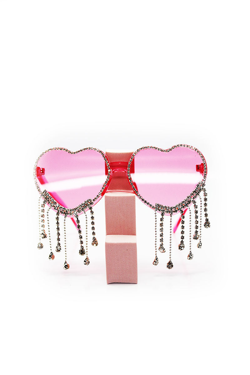 Heart Rhinestone Fringe Sunglasses- Pink