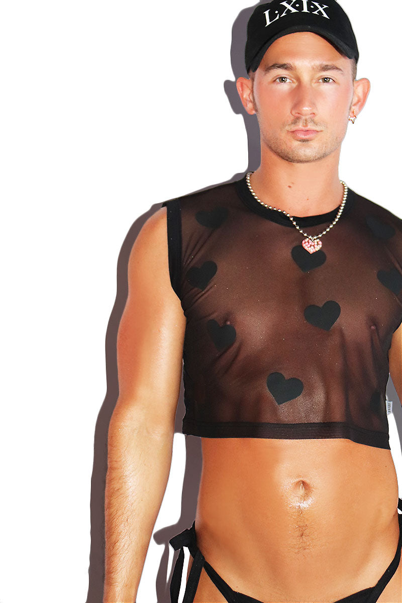 Black Heart Mesh Crop Tank- Black