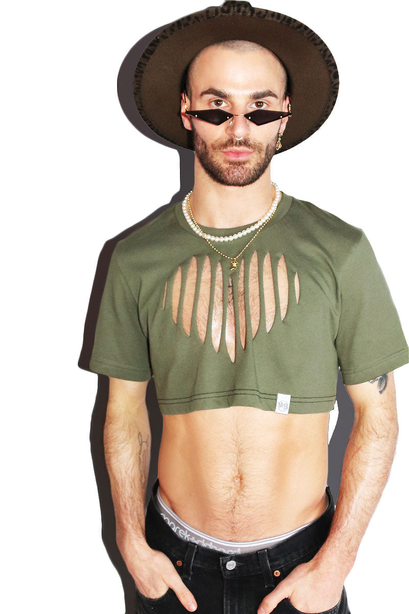 Torn Heart Cutout Extreme Crop Tee- Army Green