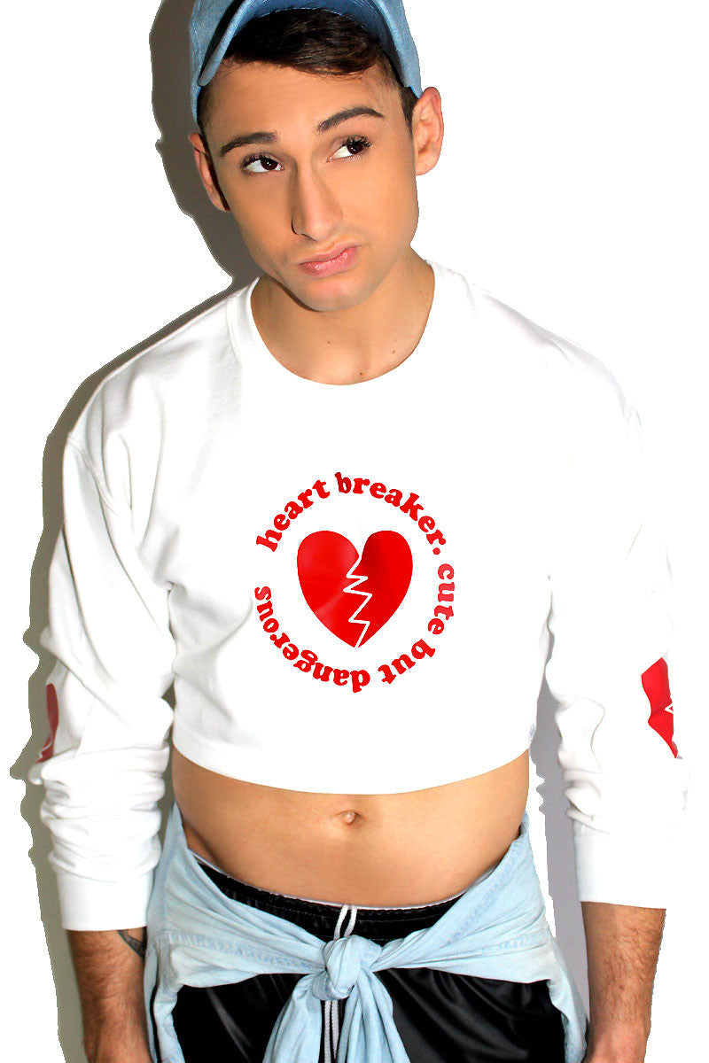 Heartbreaker Crop Long Sleeve Sweatshirt-White