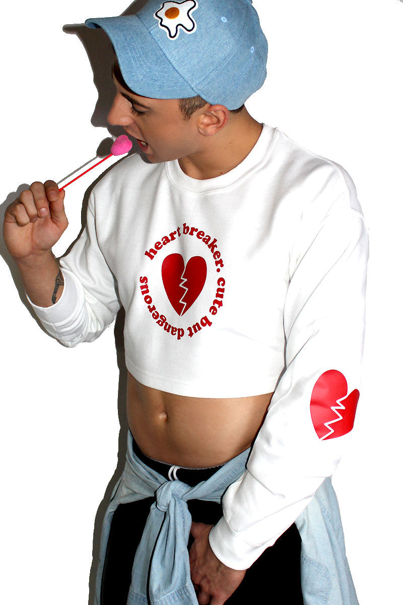 Heartbreaker Crop Long Sleeve Sweatshirt-White