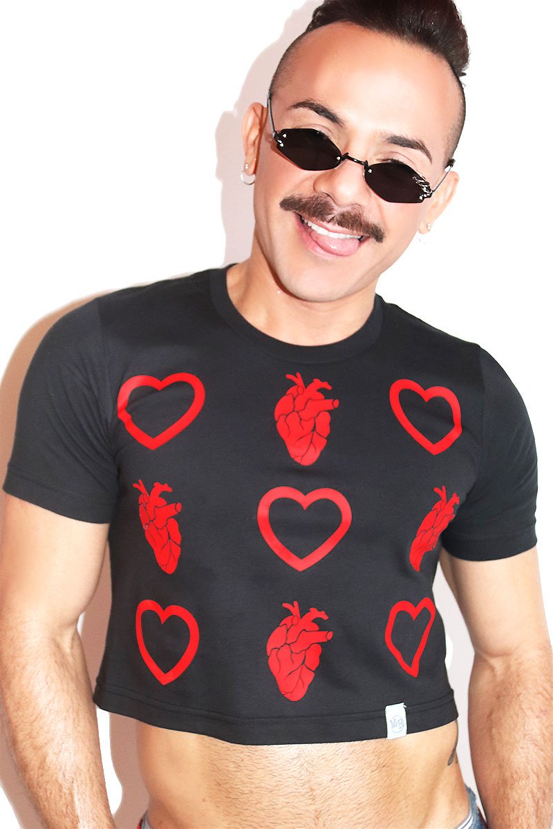 Beating Hearts Grid Crop Tee- Black