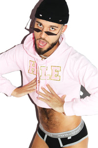 Hole Long Sleeve Crop Hoodie- Pink