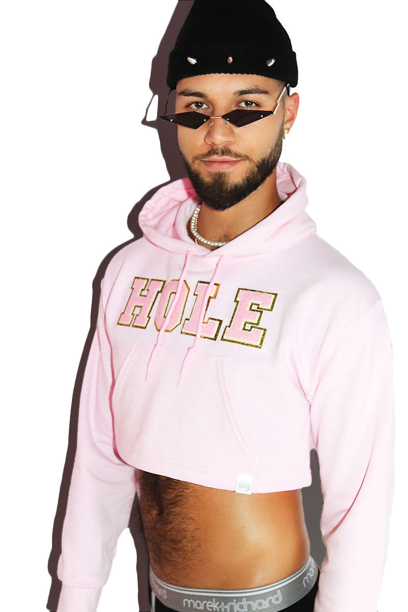 Hole Long Sleeve Crop Hoodie- Pink