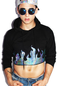 Holographic Flames Crop Long Sleeve Hoodie-Black