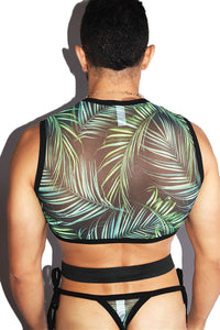 Night Palms Mesh Elastic Crop Tank- Black