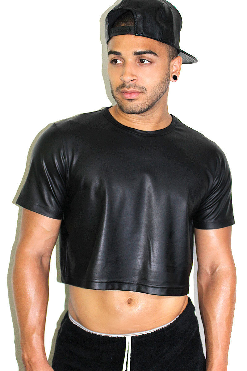 Vegan Leather Crop Tee- Black