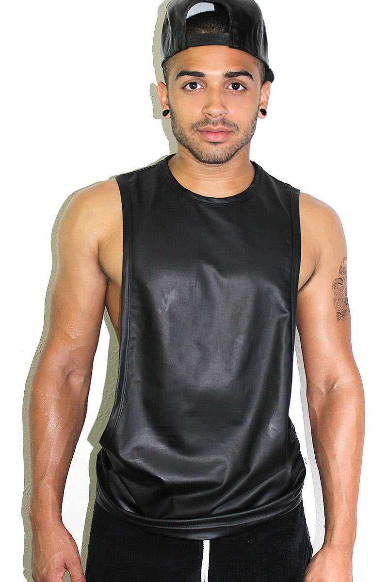 Vegan Leather Low Arm Tank- Black