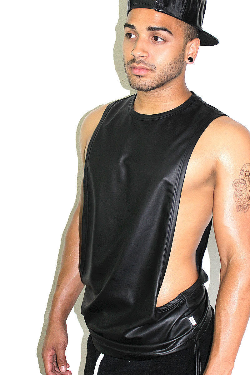 Vegan Leather Low Arm Tank- Black