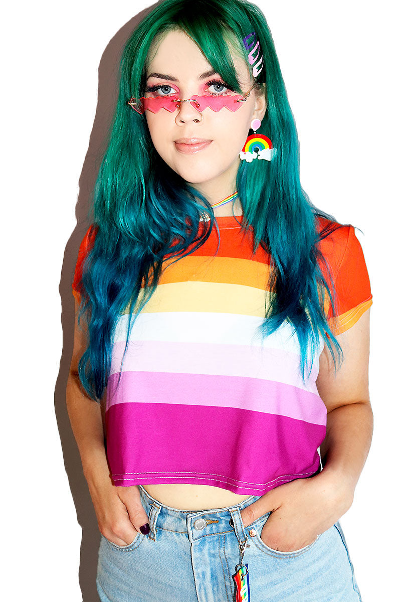 Lesbian Pride Flag All Over Fitted Crop Tee- Orange